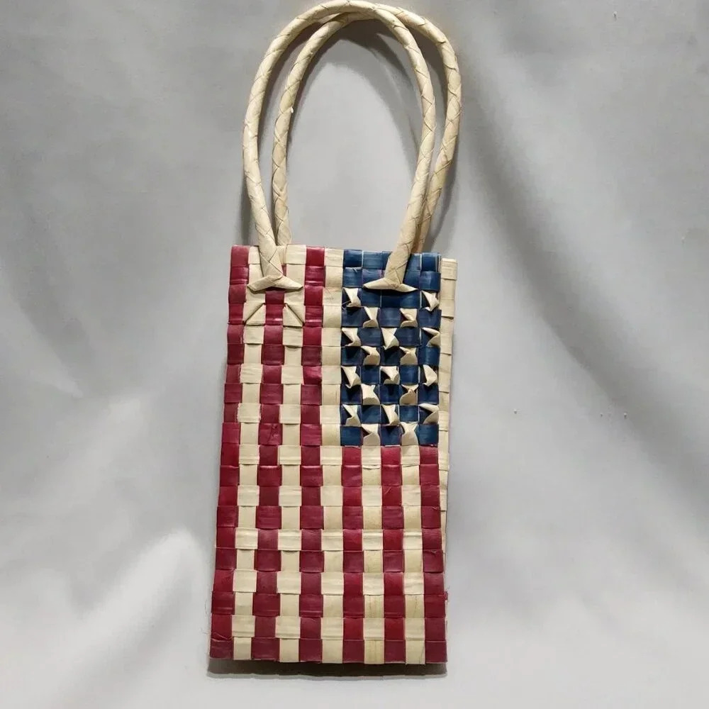 American Flag Woven Straw Grass Bag/ Basket Handmade